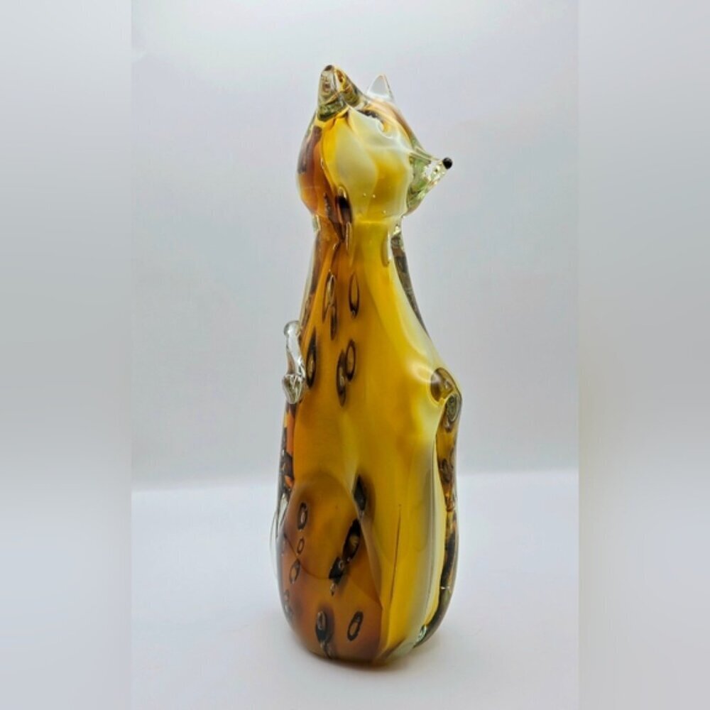 Vintage 10" Blown Art Glass MCM Cat Figure Amber Leopard Spots - Picture 7 of 8